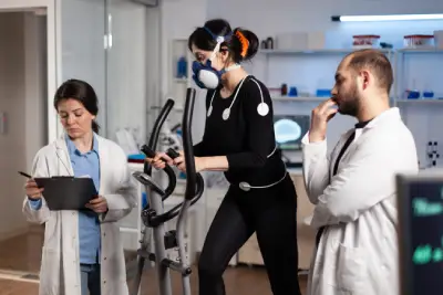 A woman with a medical mask is being assessed by two physiotherapists on a cross trainer for evidence based practice. The patient is in black with monitoring wires on her they / them and the physios wear white tunics. There is a clipboard.