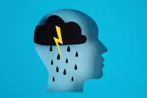 A graphic of a head with thunder and lightning inside depicting mental health unrest