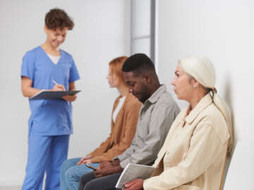 Group of three people sitting in queue waiting for consultation in modern hospital, medical worker standing near them making notes