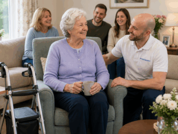 Family look on as a physio speaks with a smiling older patient in her own home in Brighton