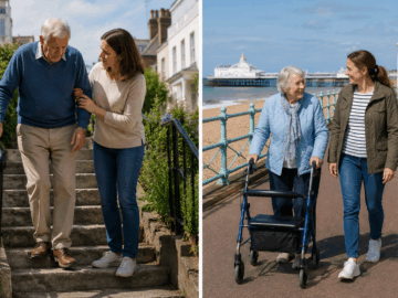 picture showing older people with support from family members in an article about Brighton physiotherapy rehabilitation for home visits.