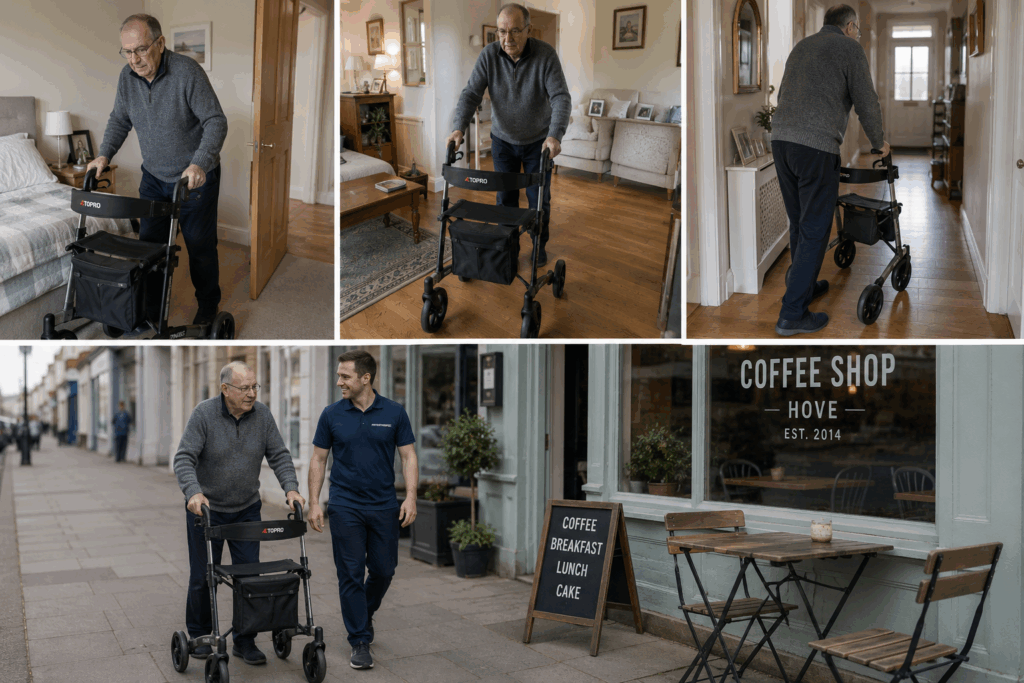 Older gentleman walking with the support of a physiotherapist and a walking aid in Hove.