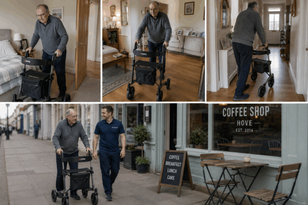 Older gentleman walking with the support of a physiotherapist and a walking aid in Hove.