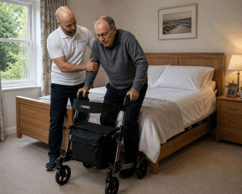 Physio helping an older gentleman up from a hospital bed with a four wheeled walker