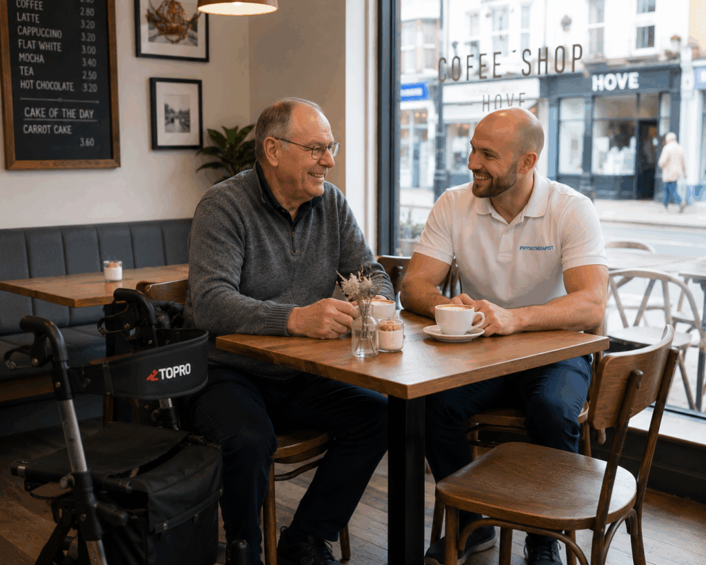 physio and an older man sitting in a coffee shop in Hove after a physiotherapy rehabilitation session.