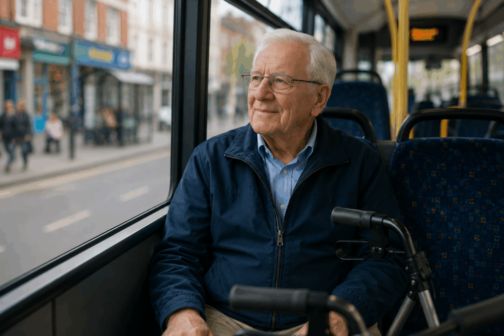 older gentleman sitting a brighton and hove bus smiling after receiving home physiotherapy for a hip replacement and finding his independence