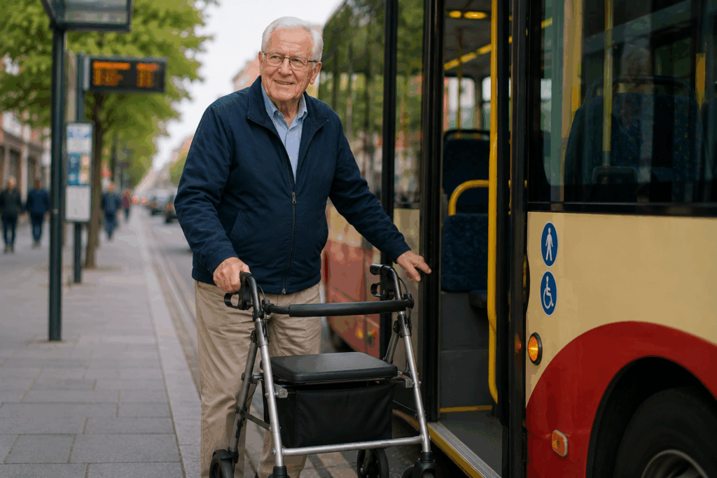 older gentleman standing by the bus stop in central brighton, smiling after receiving home physiotherapy for a hip replacement