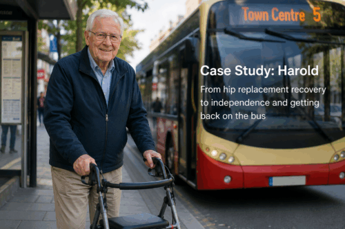 older gentleman standing by the bus stop in central brighton, smiling after receiving home physiotherapy for a hip replacement