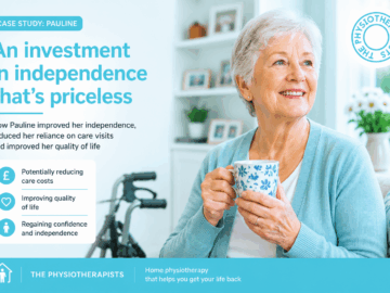 Pauline looks happy with a cup of tea after reducing her care bills and improving her independence through home based physiotherapy rehabilitation in Brighton and Hove