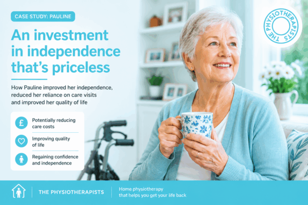 Pauline looks happy with a cup of tea after reducing her care bills and improving her independence through home based physiotherapy rehabilitation in Brighton and Hove