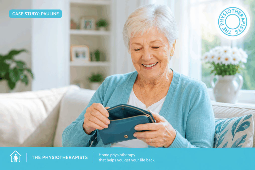 Pauline looks into her purse and is happy as she saved money on her care by reducing the need for it and increased her quality of life through home based physiotherapy rehabilitation in Brighton