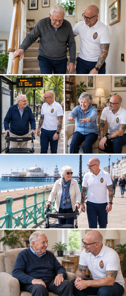 collage of physio with older people in brighton and hove at home and outdoors