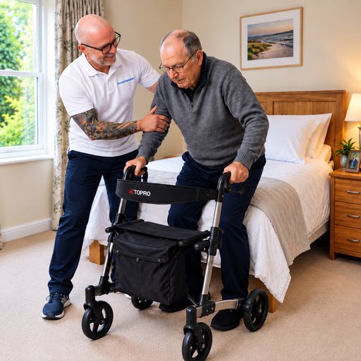Physiotherapist helps older man up from the bed for rehab physio